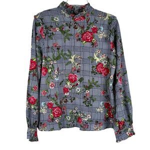 Jeuvre Floral Ruffle Plaid Mock Turtleneck Long Sleeve Blouse Medium